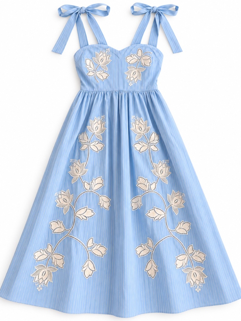Avara Blue Striped Embroidered Midi Dress - Size M